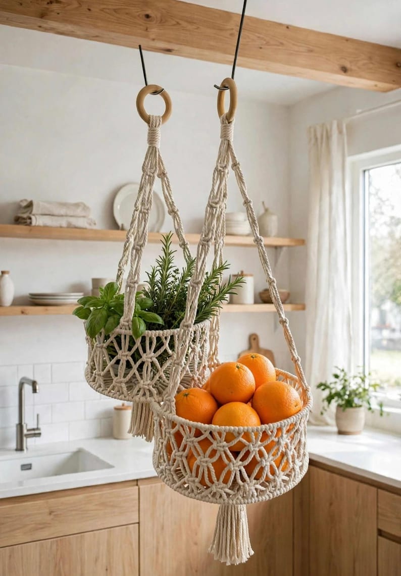 May include: A two-tiered macrame hanging basket made of off-white cotton cord. The top basket holds green herbs, while the bottom basket is filled with bright orange citrus fruits. Each basket features a knotted lattice design and a tassel.