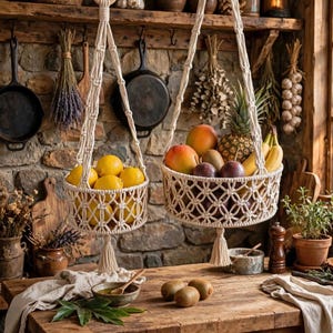 May include: Two off-white macrame hanging baskets suspended by knotted cords with wooden rings. The smaller basket holds yellow lemons, while the larger basket contains a pineapple, mangoes, bananas, and passion fruit, each finished with a tassel.