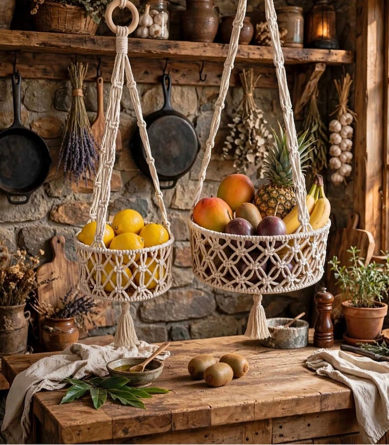 May include: Two off-white macrame hanging baskets suspended by knotted cords with wooden rings. The smaller basket holds yellow lemons, while the larger basket contains a pineapple, mangoes, bananas, and passion fruit, each finished with a tassel.