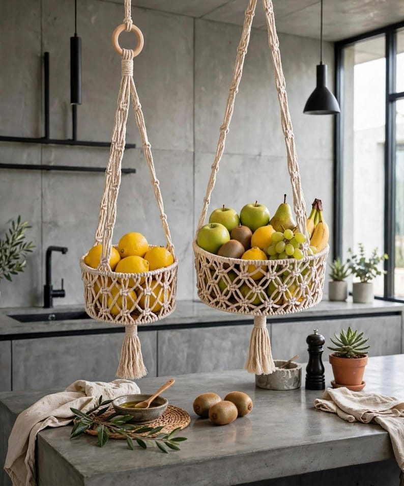 May include: Two off-white macrame hanging baskets suspended by knotted cords from wooden rings. The smaller basket holds yellow lemons, while the larger basket contains a variety of green apples, pears, bananas, kiwis, and green grapes.