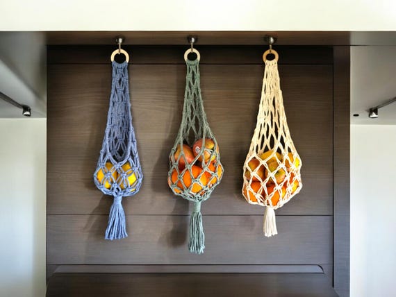 Macrame Fruit & Vegetable Hanging Basket / Boho Produce Holder / Small Space Kitchen Storage / Van Life, Tiny Home and RV Décor / 3 Sizes