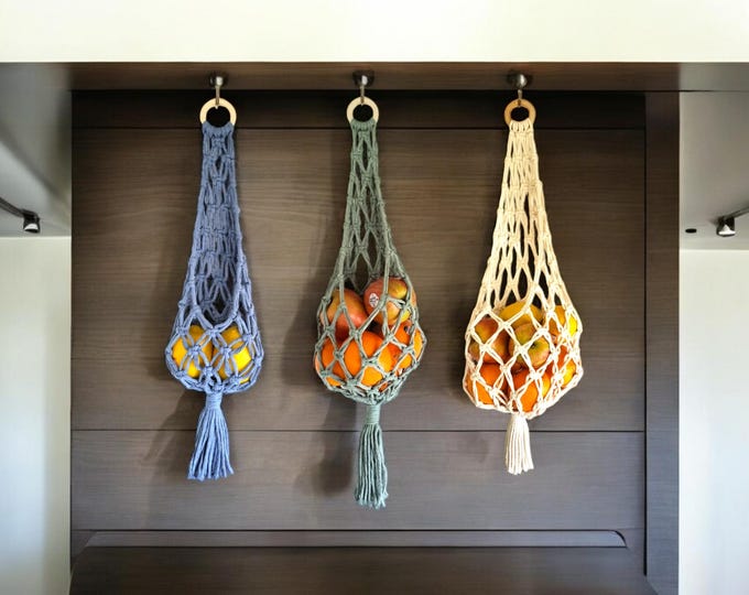 Macrame Fruit & Vegetable Hanging Basket / Boho Produce Holder / Small Space Kitchen Storage / Van Life, Tiny Home and RV Décor / 3 Sizes