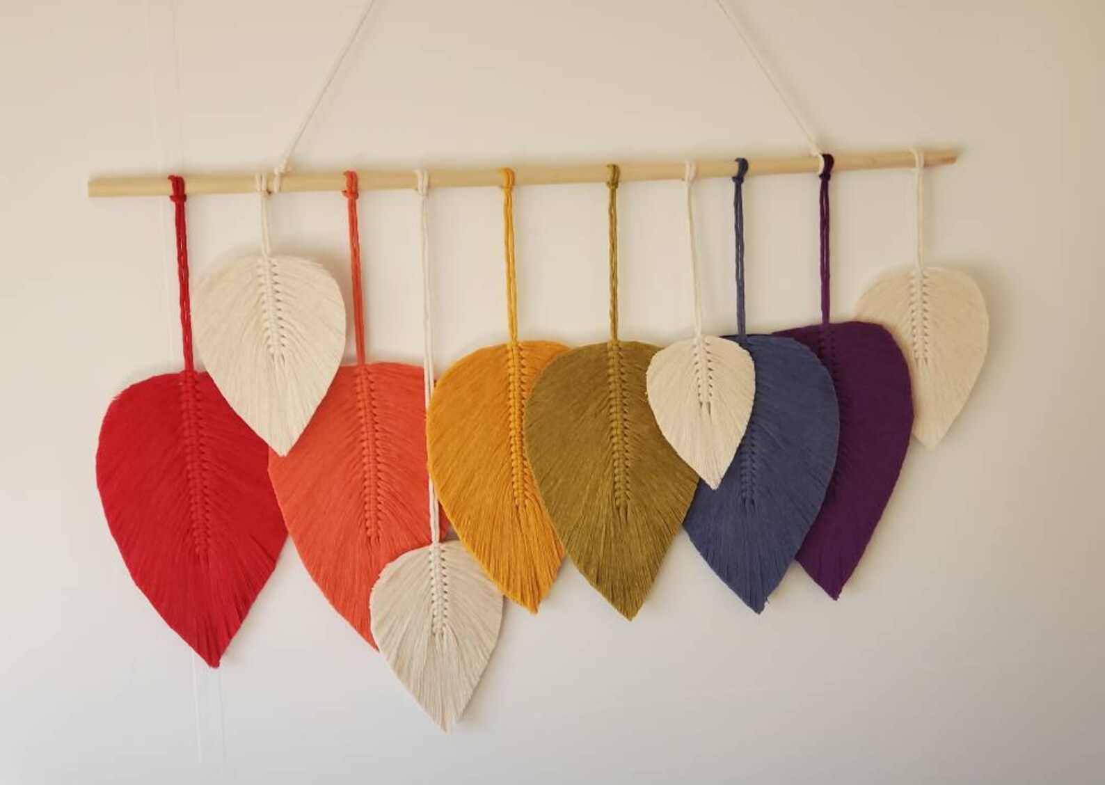 Large Rainbow Macrame Feather Wall Hanging Leaves Tapestry Etsy
