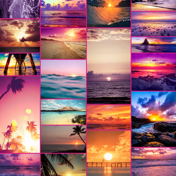 Ocean Sunsets & Colorful Water Wall Collage Kit | 100 Pictures Digital Download