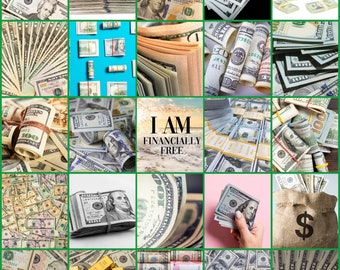 May include: A collage of images featuring stacks and bundles of US dollar bills, gold bars, and a burlap sack with a dollar sign. The text "I AM FINANCIALLY FREE" is displayed on a beach background.