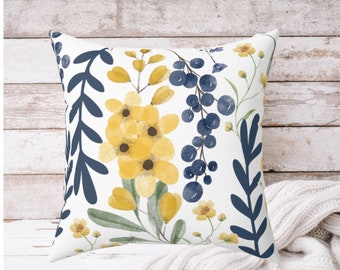 Floral Pillow, Navy Blue And Yellow Pillow, Navy Blue Decor, Yellow Decor, Housewarming Gift, Floral Decor, Yellow Floral Pillow
