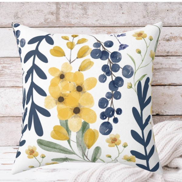 Floral Pillow, Navy Blue And Yellow Pillow, Navy Blue Decor, Yellow Decor, Housewarming Gift, Floral Decor, Yellow Floral Pillow