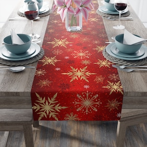 Christmas Table Runner, Snowflake Table Runner Red Christmas Runner, Gold Christmas Table Runner
