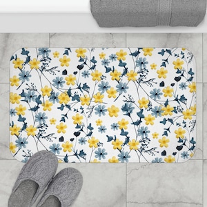 Floral Bath Mat, Blue Bathroom Decor, Summer Decor, Yellow Bath Mat, Summer Flower Print, Housewarming Gift, Floral Decor, Spring Decor