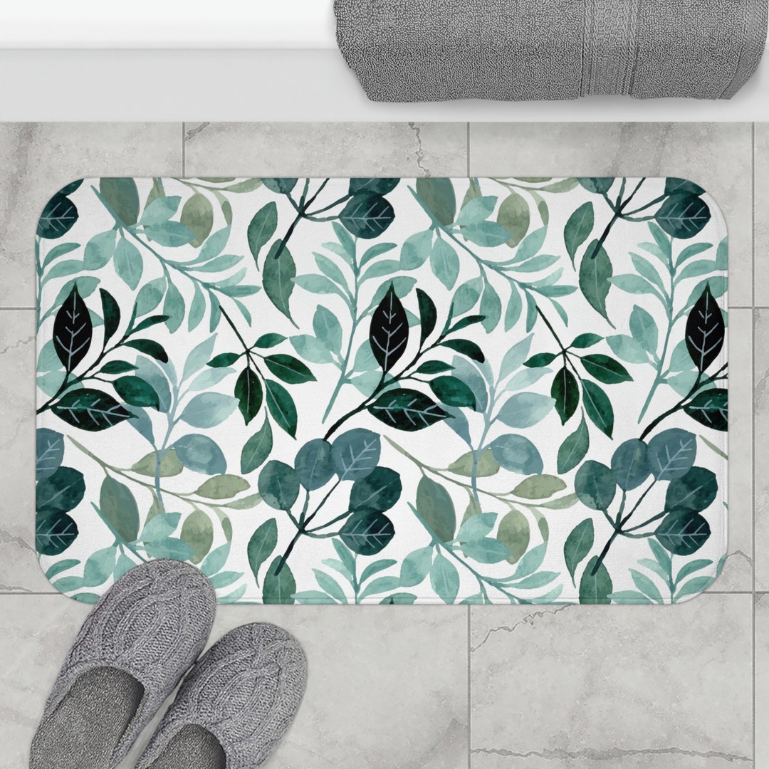 Floral Bath Mat Teal Bath Mat Leaf Bathroom Decor Etsy