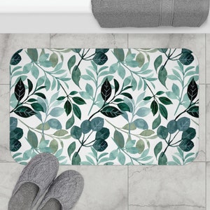 Floral Bath Mat, Teal Bath Mat, Leaf Bathroom Decor, Housewarming Gift, Teal Bathroom Decor, Green Leaf Decor