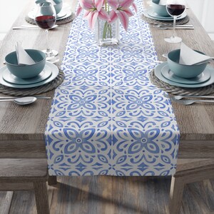 Blue Floral Table Runner, Blue Tile Print, Floral Table Runner, Housewarming Gift