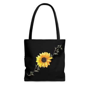 Sunflower Tote Bag, Floral Bag, Sunflower Gifts, Gift for Friend, Flower Travel Bag, Floral Tote, Flower Tote Bag, Black Bag, Yellow Bag
