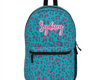 Blue Leopard Print Backpack, Personalized Backpack, Girl's Bookbag, Pink Leopard Print Bag, Back to School Bag, Girl's Blue Bookbag