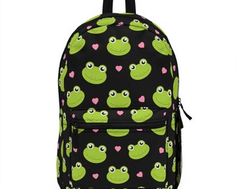 Frog Backpack, Frog Bookbag, Gift for Frog Lovers, Green Backpack, Girl's Frog Print Bag, Primary School Bookbag, Gift For Frog Lovers