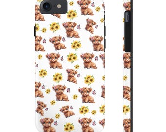 May include: A white phone case featuring a repeating pattern of watercolor illustrations. The design includes brown Highland cows wearing flower crowns, yellow sunflowers, and purple butterflies. The case has a black border and a camera cutout.