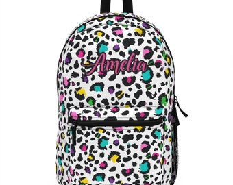 Leopard Print Backpack, Personalized Bookbag, Rainbow Backpack, Girl's School Bag, Middle School Backpack, Back to School Bag, Leopard Print