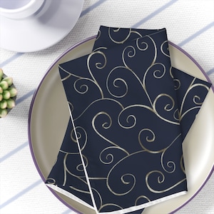 Christmas Napkins, Navy Blue Napkins, Wedding Napkins, Silver Swirl Decor, Navy Blue Decor, Housewarming Gift, Silver Decor, Set of 4