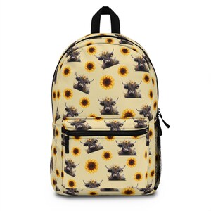 Cow Backpack, Highland Cow Print, Cow Bookbag, Sunflower Backpack, Yellow Bookbag, Girl&#39;s School Bag, Floral Backpack