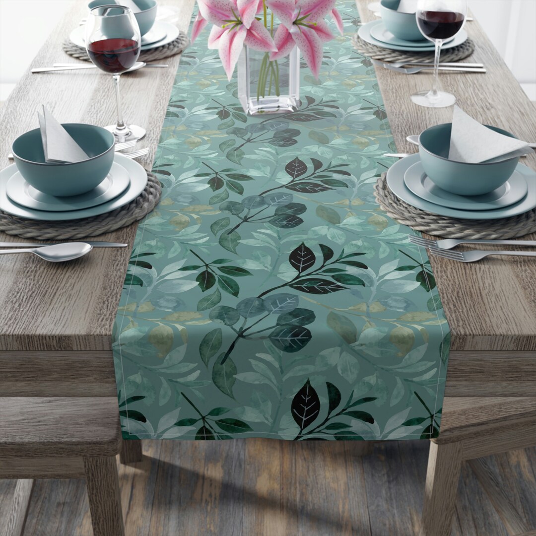 Floral Table Runner, Teal Table Runner, Leaves Table Decor, Green Table