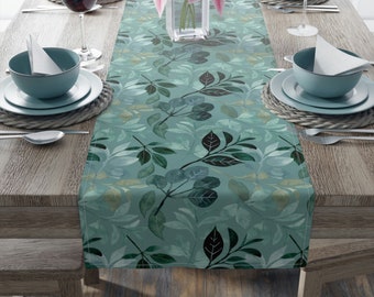 Floral Table Runner, Teal Table Runner, Leaves Table Decor, Green Table Runner, Housewarming Gift, Botanical Decor, Teal Decor