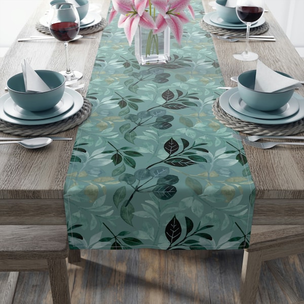 Floral Table Runner, Teal Table Runner, Leaves Table Decor, Green Table Runner, Housewarming Gift, Botanical Decor, Teal Decor