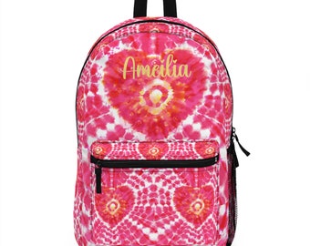 Pink Tie Dye Backpack, Personalized Heart Bookbag, Girls Monogram Bookbag, Tie Dye School Bag, Girl's Pink Backpack, Tie Dye Gifts