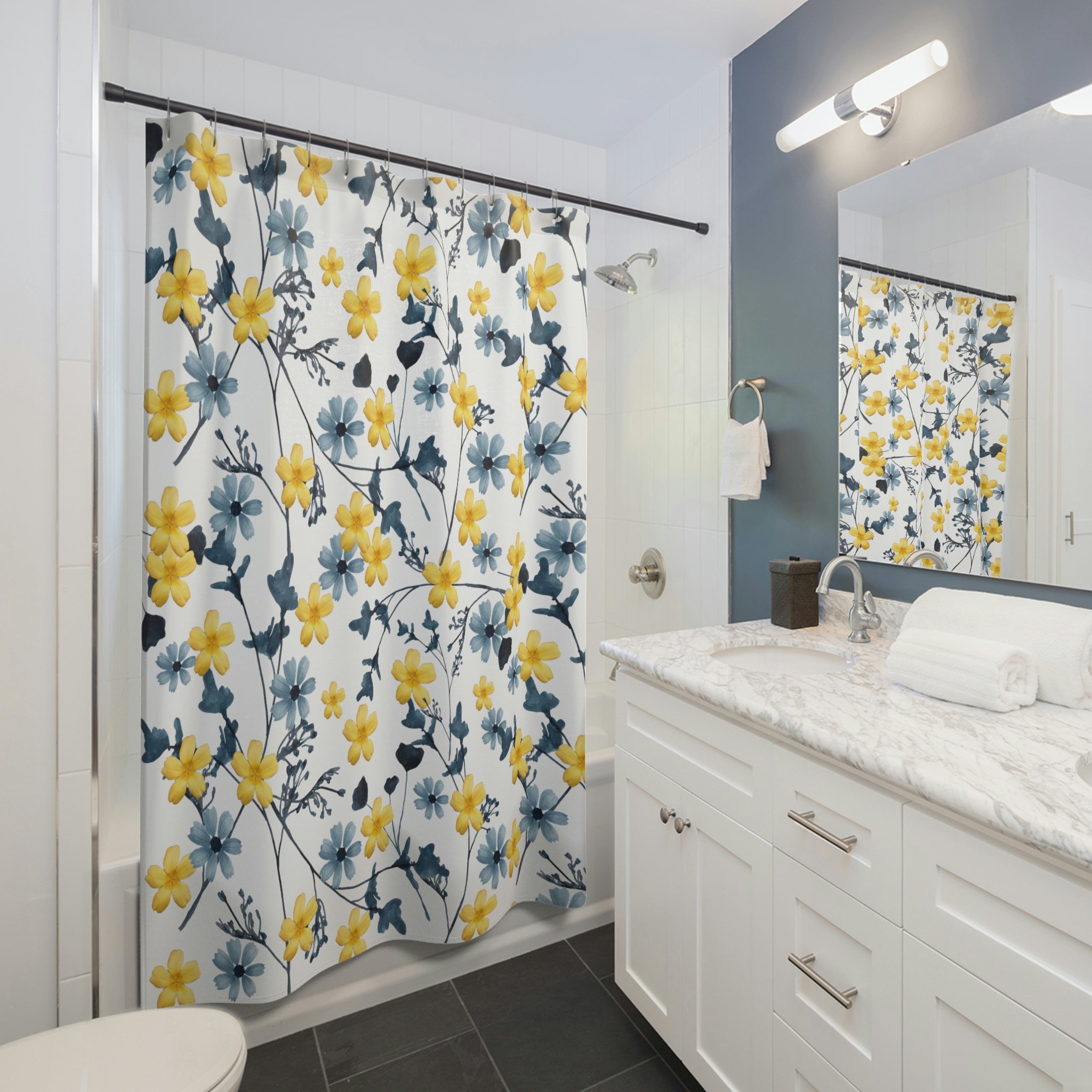 Yellow Shower Curtain, Blue Shower Curtain, Yellow Bathroom Decor ...