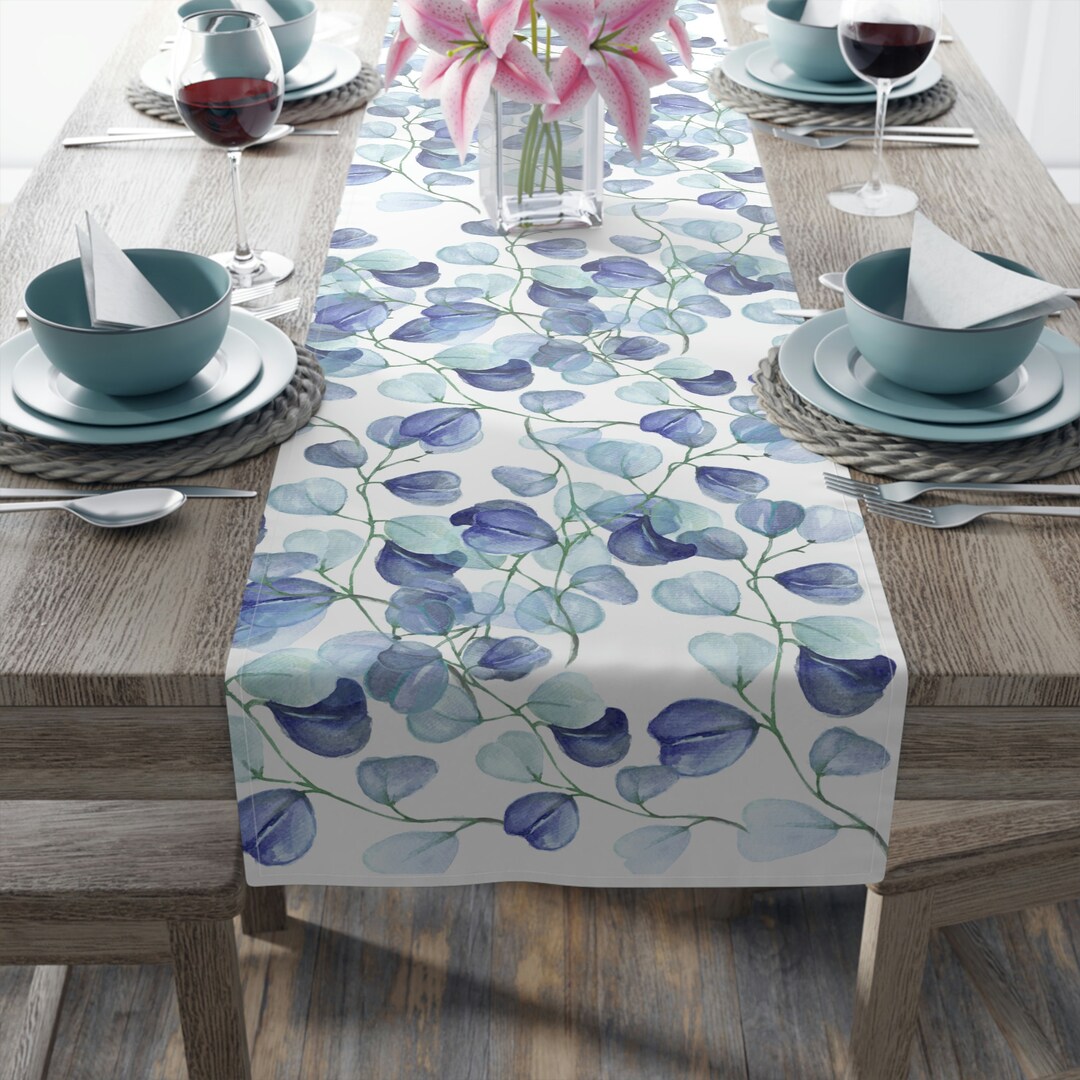 Blue Leaves Table Runner, Shades of Blue Decor, Blue Table Runner, Housewarming Gift, Botanical