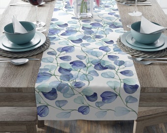 Blue Leaves Table Runner, Shades of Blue Decor, Blue Table Runner, Housewarming Gift, Botanical Table Decor