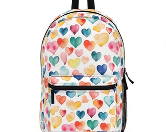 Heart Backpack, Girl's Bookbag, Rainbow Backpack, Watercolor Print, Blue Backpack, Yellow Bookbag, Girl's Back to School, Heart Bag