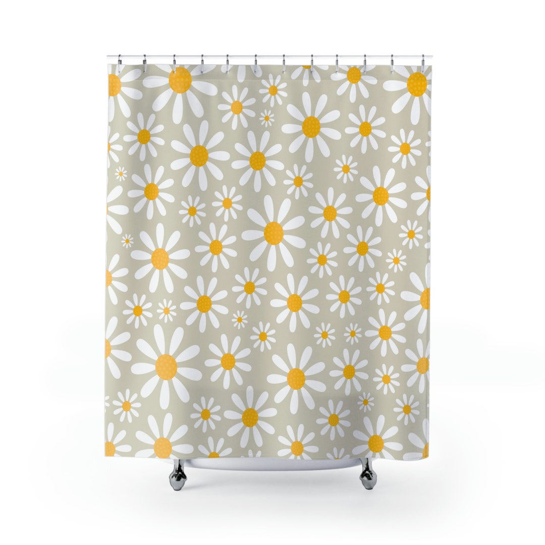 Daisy Shower Curtain, Beige Shower Curtain, White Daisy Bathroom Decor