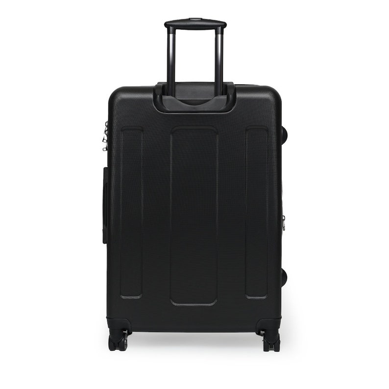 May include: Black hard-sided suitcase with a retractable handle and four wheels.