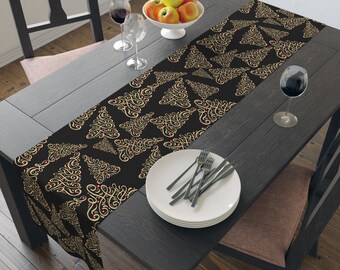 Gold Christmas Tree Table Runner, Black and Gold Christmas Decor, Christmas Tree Print, Christmas Gift for Home, Gold Holiday Runner