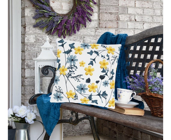 Patio Pillow Yellow Flower Pillow Outdoor Pillow Blue Floral Pillow Floral Cushion Outdoor Cushion Waterproof Pillow Porch Pillow Etsy