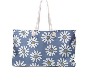 Gänseblümchen-Wochenende-Tasche, blaue Einkaufstasche, Gänseblümchen-Übernacht-Tasche, Blumen-Strandtasche, Wochenend-Tasche, Mädchen-Daisy-Tasche, Daisy übergroße Tasche