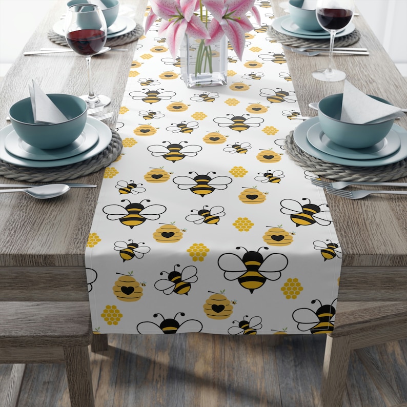 Honey Bee Table Runner, Bee Decor, Watercolor Bumble Bee Decor, Bee Hive Decor, Honey Bee Gifts, Housewarming Gift, Bee Table Decor image 1