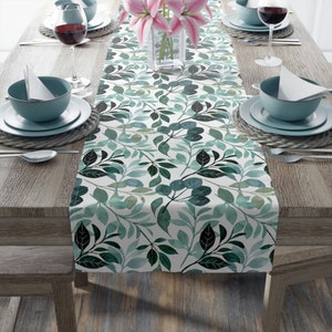 Blue Floral Table Runner, Teal Decor, Floral Table Runner, Housewarming Gift, Leaf Table Runner, Botanical Table Cover, Teal Table Runner