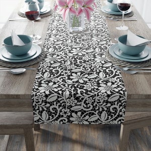 Floral Table Runner, Black Table Runner, White Flower Decor, Housewarming Gift, Black and White Decor,