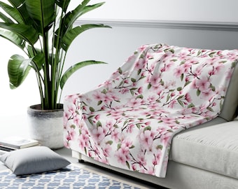 夏用ブランケット、白い花柄装飾、ネイビーブルーのブランケット、花柄