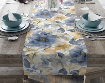 Camino de mesa de verano, camino de flores azules, camino de mesa amarillo, regalo de inauguración de la casa, regalo para mamá, camino de mesa de boda