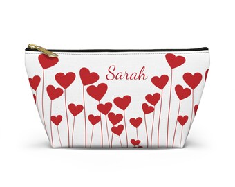 Heart Makeup Bag, Personalized Bag, Valentine's Day Gift, Heart Decor, Red Cosmetic Bag, Bride Gift, Heart Print Travel Bag, Black Pouch