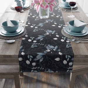 Winter Table Runner, Navy Blue Decor, Blue Flower Table Runner, Holiday Table Linens, Winter Decor, Housewarming Gift, Christmas Gift