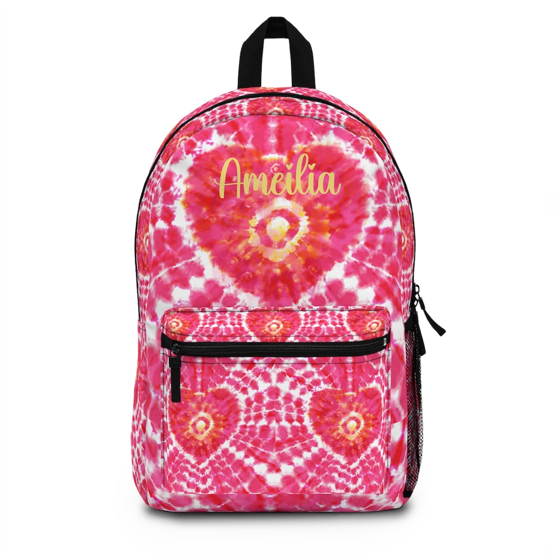 Pink Tie Dye Backpack, Personalized Heart Bookbag, Girls Monogram Bookbag, Tie Dye School Bag