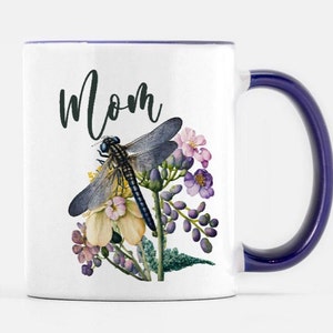 Dragonfly Cup, Personalized Mug, Dragonfly Mug, Floral Coffee Mug, Mom Cup, Summer Mug, Gift for Mom, Navy Blue Decor, Floral Decor