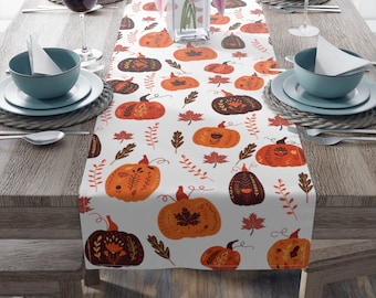 Pumpkin Table Runner, Fall Table Decor, Autumn Table Runner, Halloween Table Linens, Halloween Decor, Pumpkin Tablecloth, Pumpkin Gifts