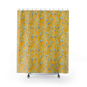 Mustard Yellow Shower Curtain, Spring Shower Curtain, Blue Flower Bathroom Decor, Spring Bath Decor, Mustard Yellow Decor, Yellow Shower