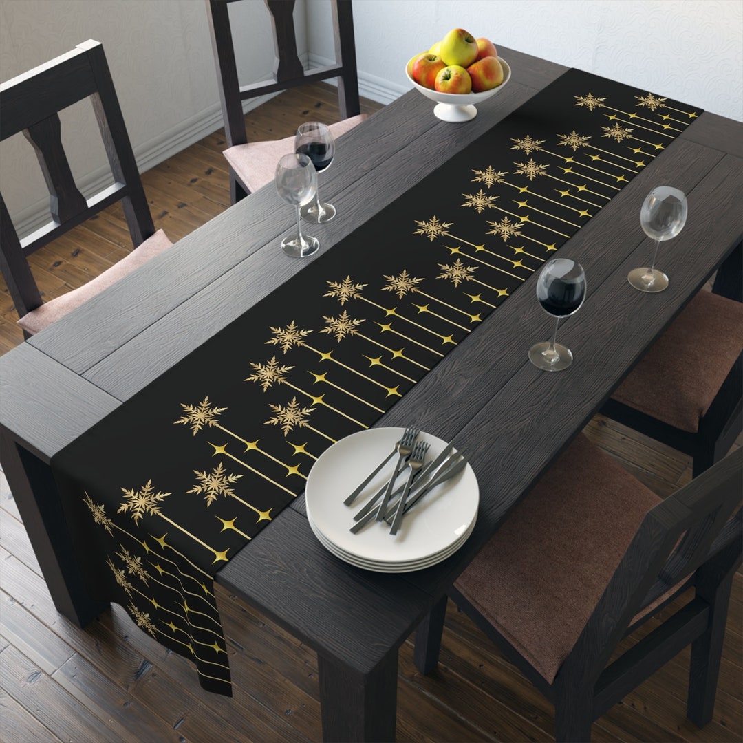 Gold Christmas Table Runner, Gold Snowflake Decor, Black and Gold