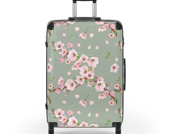 Cherry Blossom Suitcase, Women's Floral Luggage, Hard Shell Wheeled Suitcase, Pink Luggage, Green Suitcase, Travel Gifts