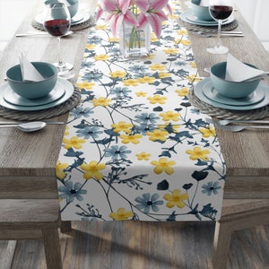 Spring Table Runner, Floral Table Runner, Yellow Flower Table Decor, Blue Table Runner, Summer Table Runner, Summer Table Decor